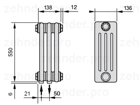 Схема (чертеж) Радиатор Zehnder Charleston 4055/3 №3370 Белый глянцевый RAL 9016